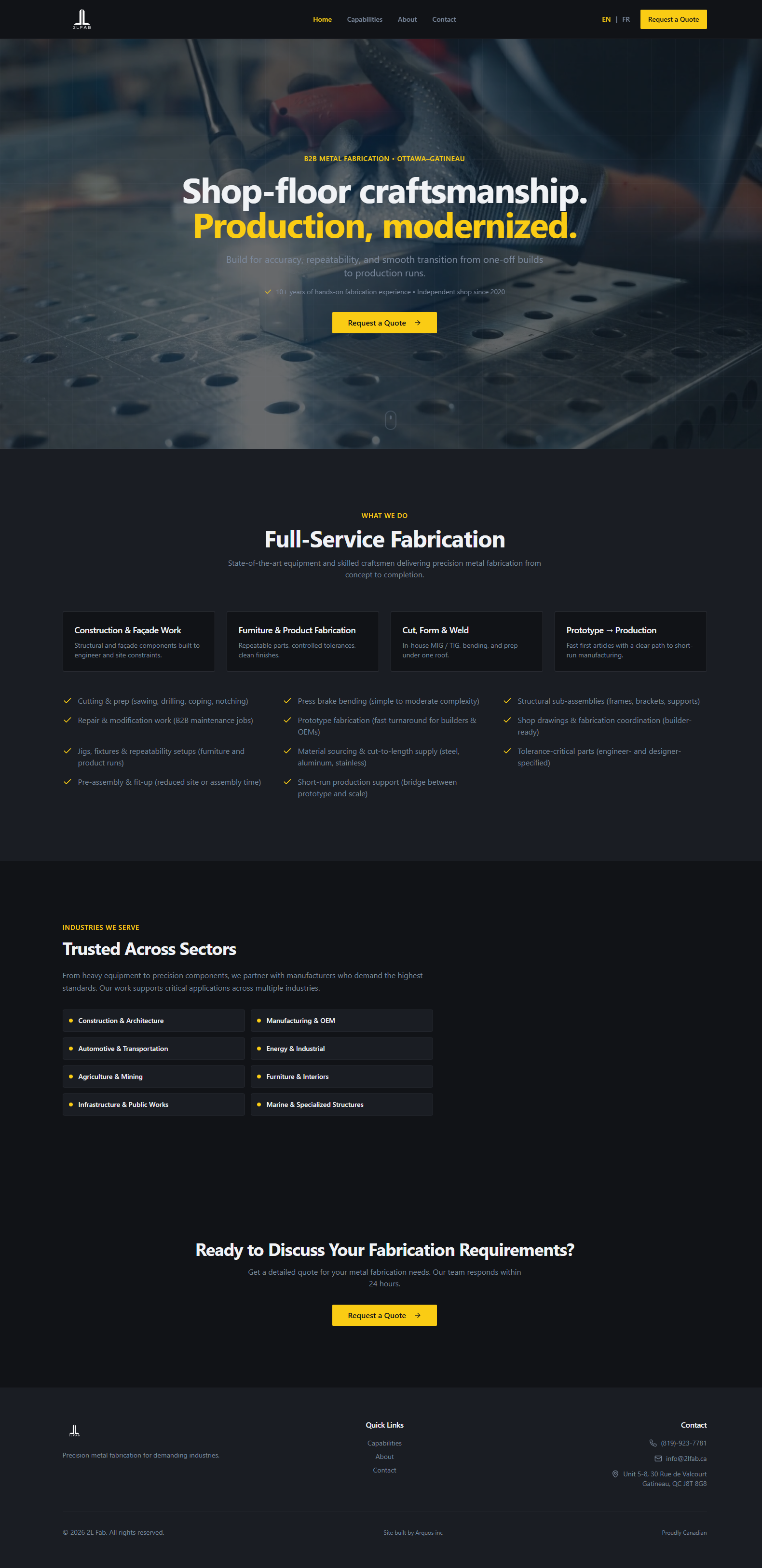 Screenshot of the live 2LFAB Inc. website homepage, showing the steel fabrication company's services, project photography and request a quote call to action