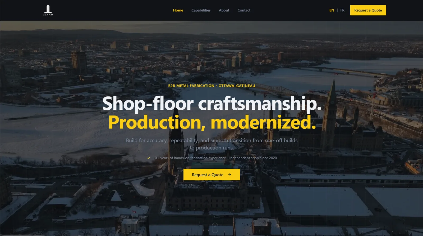 2LFAB Inc. website homepage showing a steel fabrication portfolio gallery with a request-a-quote call to action