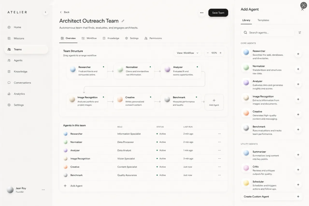 Atelier AI platform interface for designing and running agentic AI workflows from concept to production