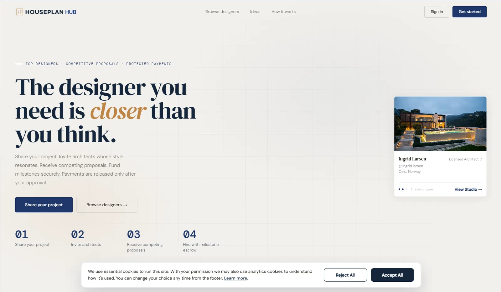 HouseplanHub marketplace website where homeowners browse house plans and are matched with freelance architects